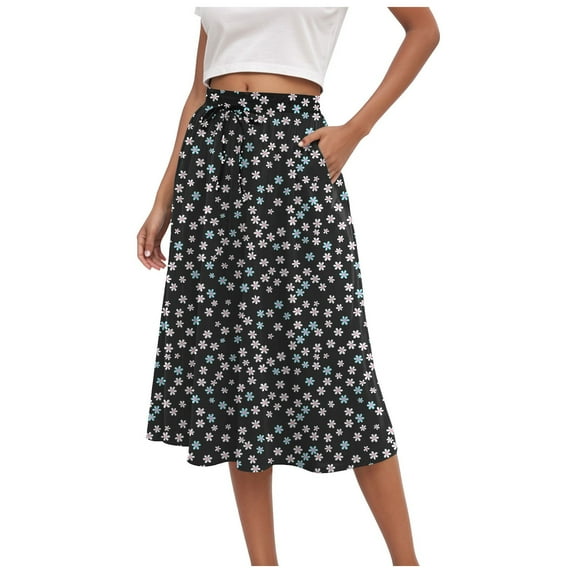 vigerkar Womens Min Skirt Summer Trendy Tie Knot Elastic High Waisted Boho Casual Beach Flowy Swing Long Skirts with Pockets Black, XL