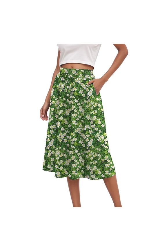 Womens Min Skirt Summer Trendy Tie Knot Elastic High Waisted Boho Casual Beach Flowy Swing Long Skirts with Pockets Green, XXL