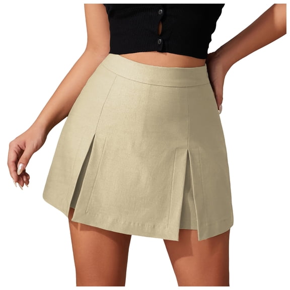 vigerkar Womens Mini Skirt Casual Y2k High Waisted Skorts Split Bodycon Skirts with Shorts Underneath Club Streetwear (Beige, L)