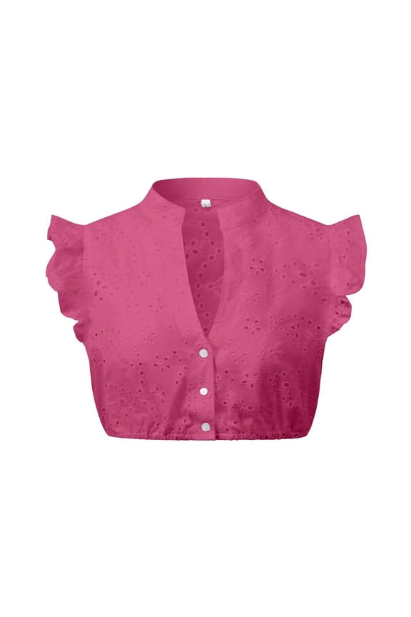 Womens Oktoberfest Dirndl Blouse Shirt German Festival V Neck Ruffle Sleeveless Crop Top Hot Pink, XXL