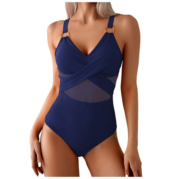vigerkar Womens One Piece Swimsuit Metal Modest Tummy Control Bathing Suit Slimming Full Coverage Mesh Swim Suits (Navy, L)