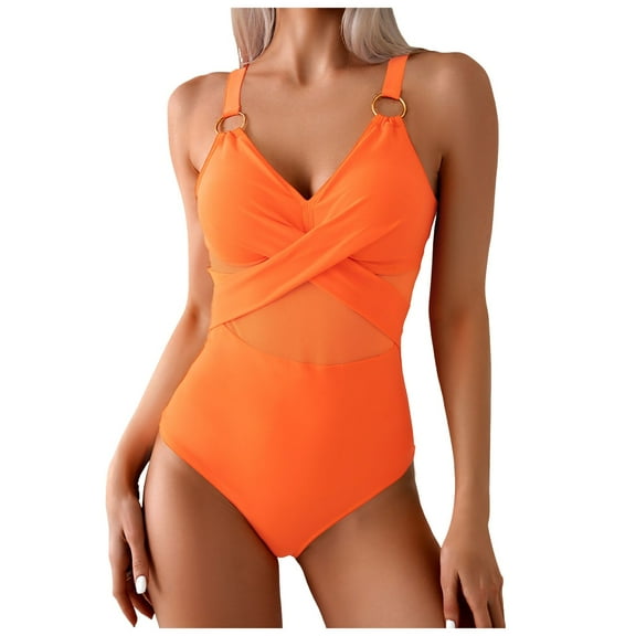 vigerkar Womens One Piece Swimsuit Metal Modest Tummy Control Bathing Suit Slimming Full Coverage Mesh Swim Suits (Orange, L)