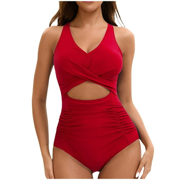 vigerkar Womens One Piece Swimsuit Ruched Tummy Control High Cut Backless V Neck Bathing Suits Swimwear (Red, L)