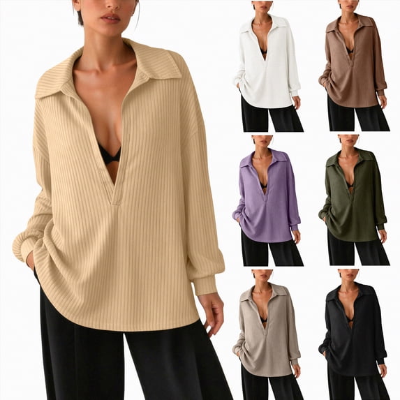 vigerkar Womens Oversized Deep V Neck Sweatshirts Casual Collared Long Sleeve Ribbed Knit Pullover Tops (Brown, L)