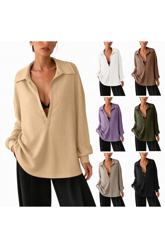 Womens Oversized Deep V Neck Sweatshirts Casual Collared Long Sleeve Ribbed Knit Pullover Tops (Khaki, M)
