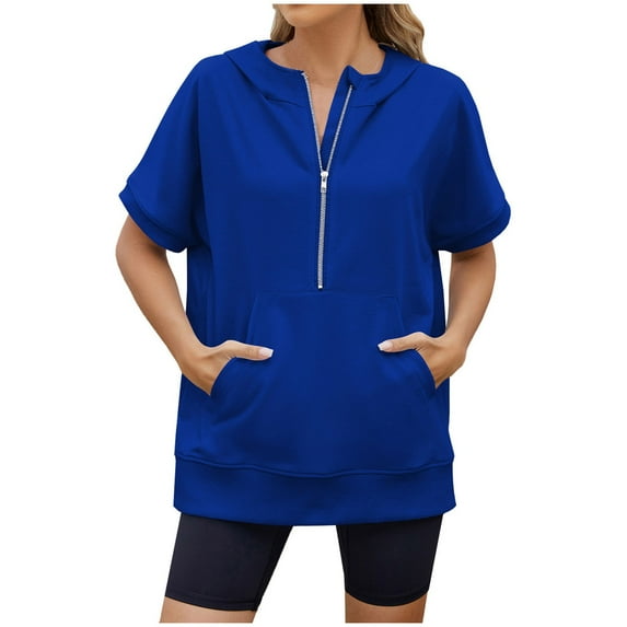 vigerkar Womens Oversized Half Zip Hoodies Short Sleeve Casual Sweatshirts Pullover Tops with Pockets Loose 2025 Clothes Blue, S