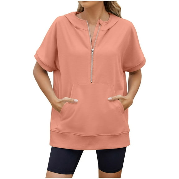 vigerkar Womens Oversized Half Zip Hoodies Short Sleeve Casual Sweatshirts Pullover Tops with Pockets Loose 2025 Clothes Pink, XXL