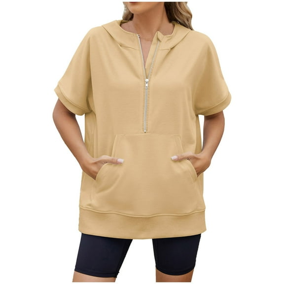 vigerkar Womens Oversized Half Zip Hoodies Short Sleeve Casual Sweatshirts Pullover Tops with Pockets Loose 2025 Clothes Yellow, L