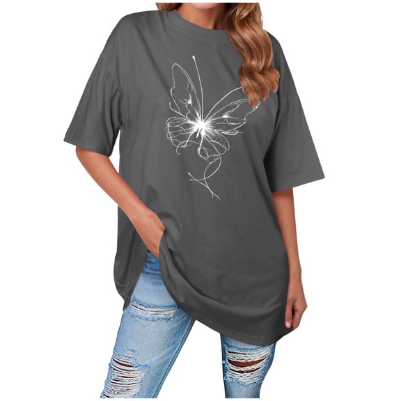 vigerkar Womens Oversized Tshirt Graphic Tees Crew Neck Summer Short Sleeve Loose Fit Drop Shoulder Tee Tops (Grey, M)