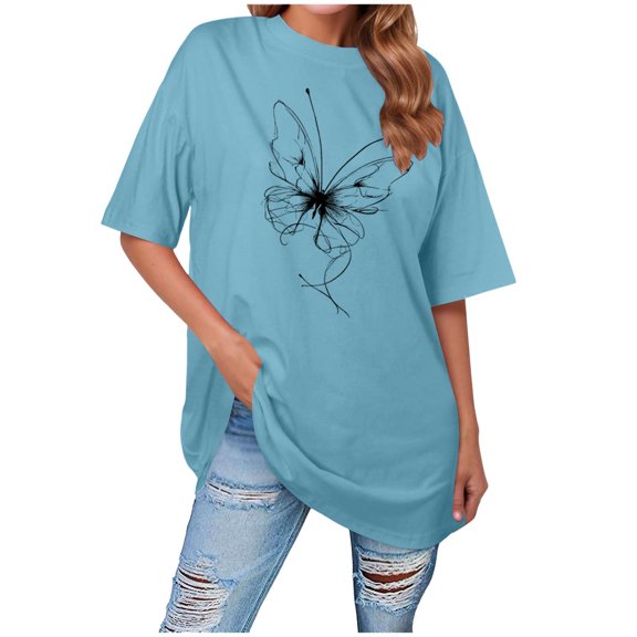 vigerkar Womens Oversized Tshirt Graphic Tees Crew Neck Summer Short Sleeve Loose Fit Drop Shoulder Tee Tops (Sky Blue, L)