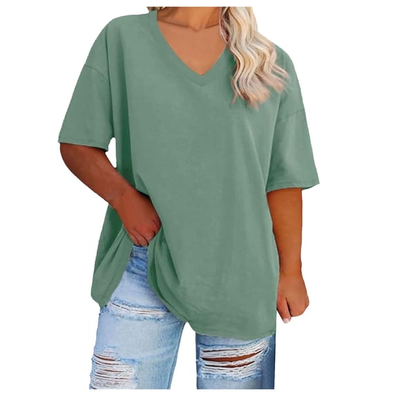 vigerkar Womens Oversized Tshirts V Neck Tee Shirts Half Sleeve Loose Fit T Shirt Cotton Tunic Tops 2025 Green, S