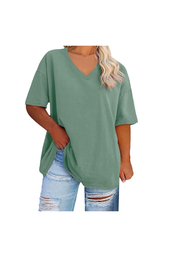 Womens Oversized Tshirts V Neck Tee Shirts Half Sleeve Loose Fit T Shirt Cotton Tunic Tops 2025 Green, XXL