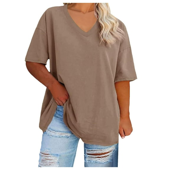 vigerkar Womens Oversized Tshirts V Neck Tee Shirts Half Sleeve Loose Fit T Shirt Cotton Tunic Tops 2025 Khaki, XXL