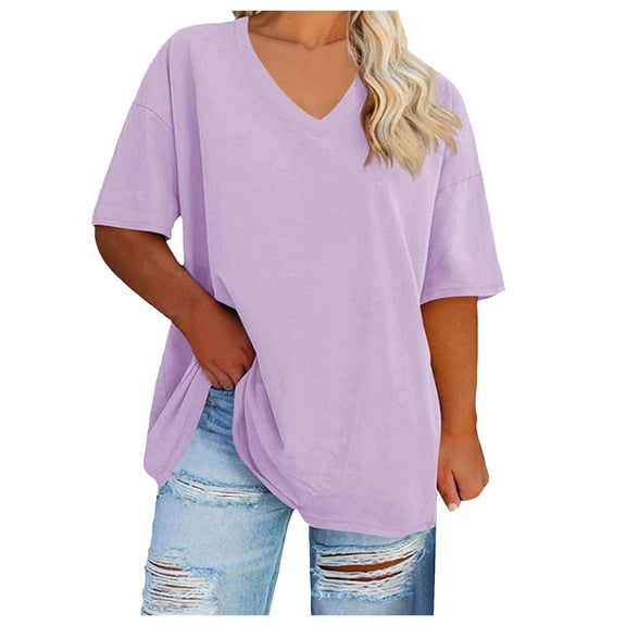 vigerkar Womens Oversized Tshirts V Neck Tee Shirts Half Sleeve Loose Fit T Shirt Cotton Tunic Tops 2025 Light Purple, XXL