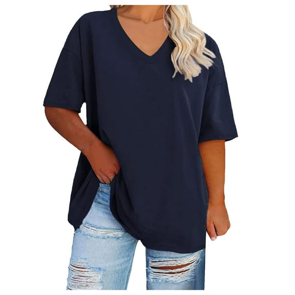 vigerkar Women's V Neck T Shirts Summer Half Sleeve Tees Casual Loose Fit Cotton Tunic Tops Navy, L