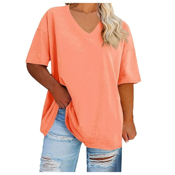 vigerkar Womens Oversized Tshirts V Neck Tee Shirts Half Sleeve Loose Fit T Shirt Cotton Tunic Tops 2025 Orange, S