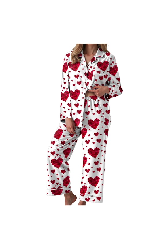 Womens Pajama Sets Comfy Pj Set Cute Heart Print Long Sleeve Button Down Shirt With Long Pants (Watermelon Red, L)