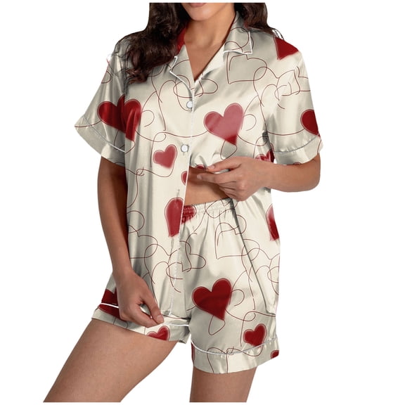 vigerkar Womens Pajamas Set Short Sleeve Pjs Sets 2 Piece Sleepwear Sets Button Down Shirt with Lounge Shorts Set (Beige, S)