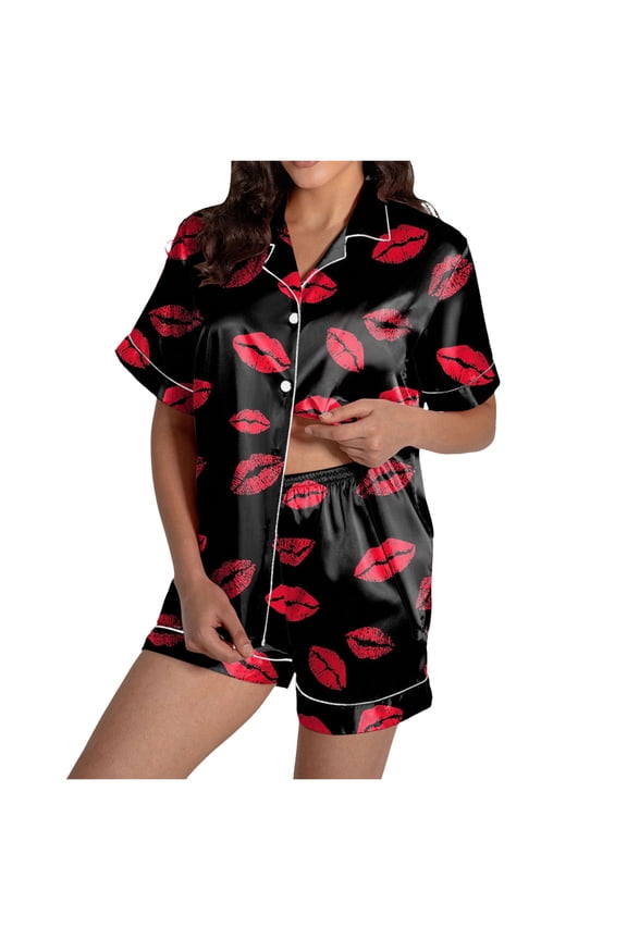 Womens Pajamas Set Short Sleeve Pjs Sets 2 Piece Sleepwear Sets Button Down Shirt with Lounge Shorts Set (Black, L)