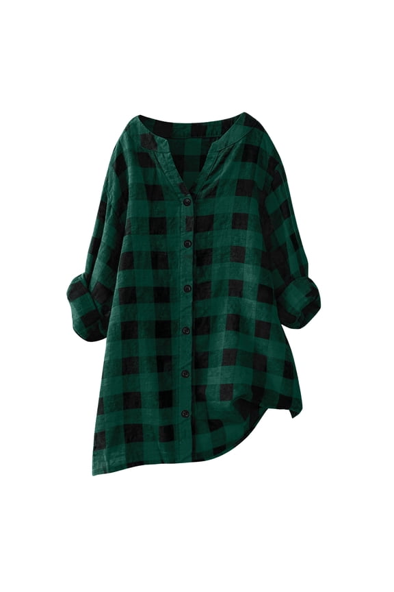 Womens Plaid Shirts Oversized Button Down Shirts Long Sleeve Cotton Checkered Casual Blouse Top (Dark Green, M)