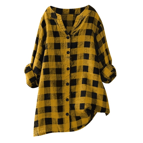 vigerkar Womens Plaid Shirts Oversized Button Down Shirts Long Sleeve Cotton Checkered Casual Blouse Top (Gold, XL)