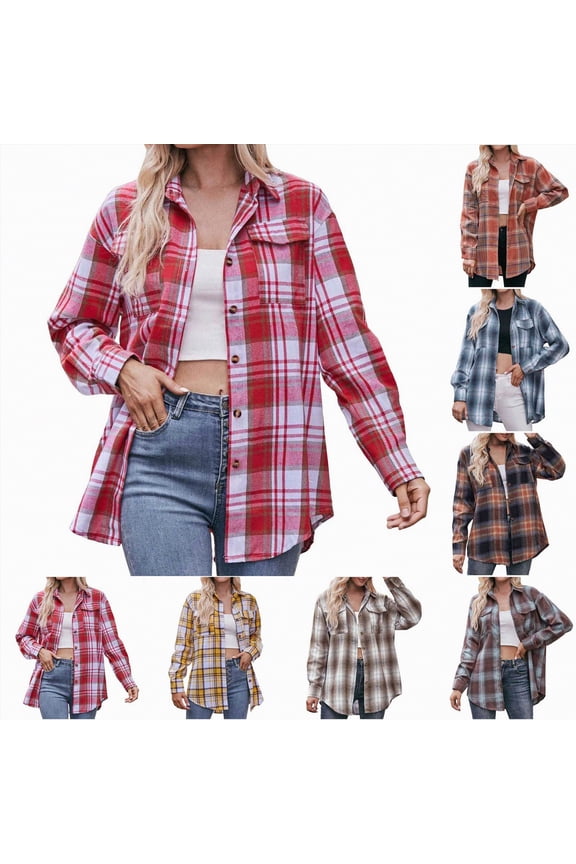 Womens Plaid Shirts Oversized Lightweight Buffalo Plaid Button Down Shirt Blouse Tops (Red, M)