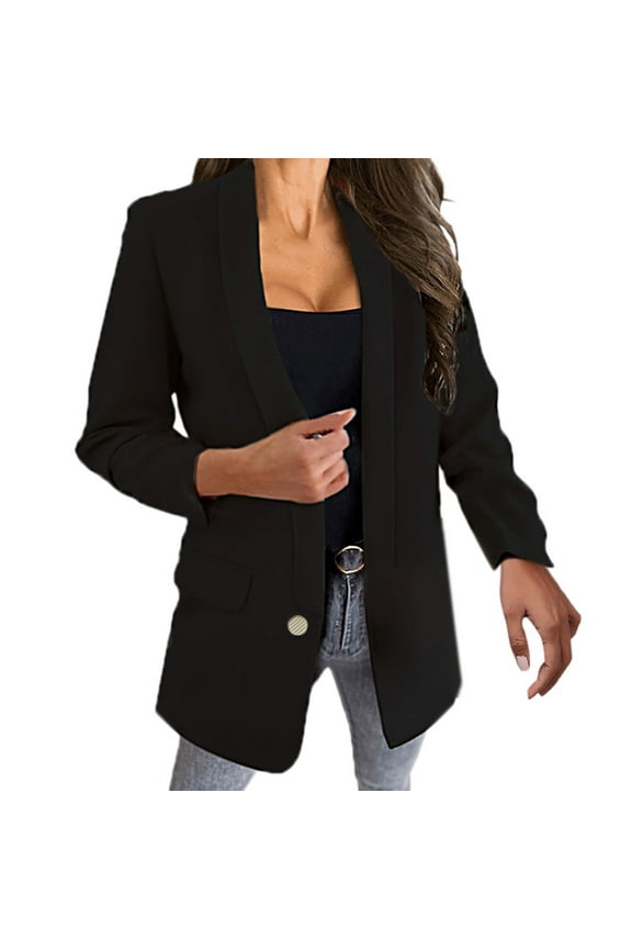 Womens Plus Size Casual Blazer Jackets Long Sleeve Open Front Buttons Work Office Lapel Blazers with Pockets Black, L