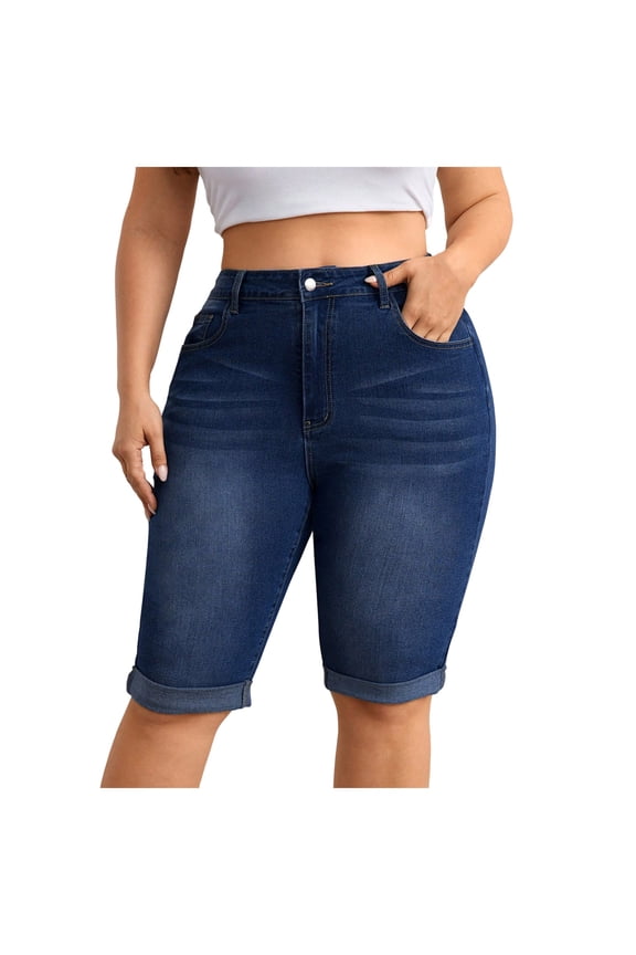 Womens Plus Size Jean Shorts High Waisted Stretchy Midi Bermuda Denim Shorts (Dark Blue, 0XL)
