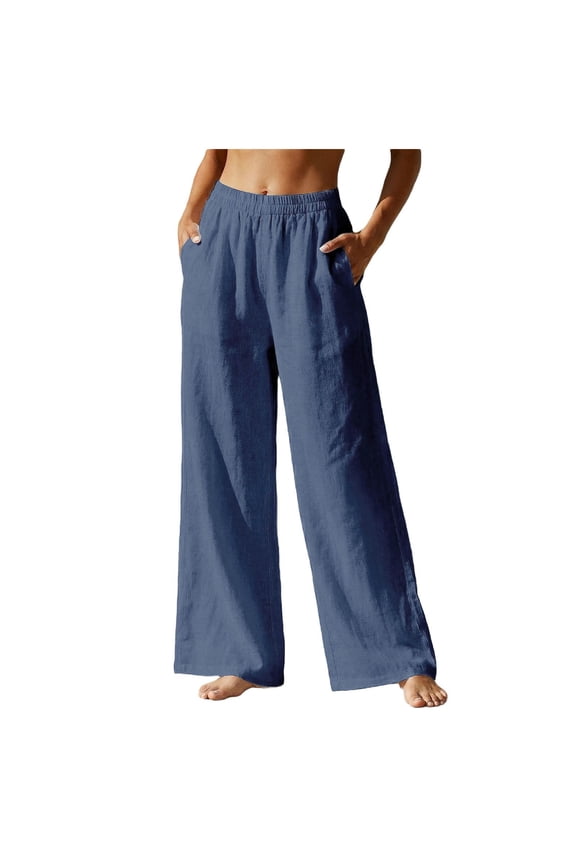 Womens Plus Size Linen Pants Wide Leg Palazzo Trousers High Elastic Waist Flowy Culottes with Pockets (Blue, XXL)