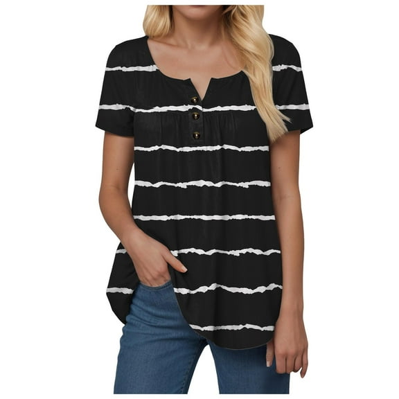 vigerkar Womens Plus Size Striped Tunic Tops Button Henley Casual Tshirts V Neck Short Sleeve Pleated Blouses Black, M