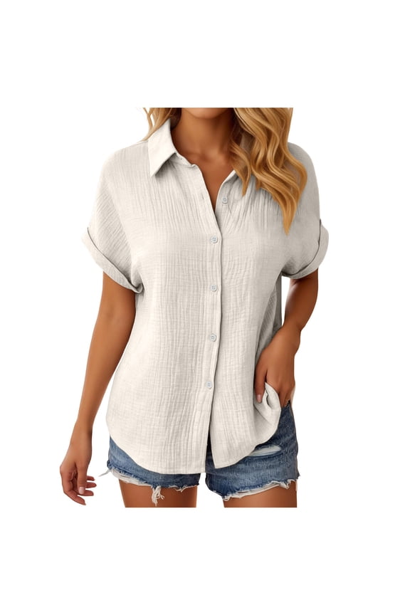 Womens Plus Size Tops Button Down Roll-Up Short Sleeve Casual Shirts Collared Summer Lightweight Blouse XL-5XL (Beige, XL)