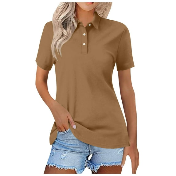 vigerkar Womens Polo Shirts Short Sleeve Summer Work Business Lapel Collared Tops Dressy Casual Button Cotton Golf Blouse Brown, L