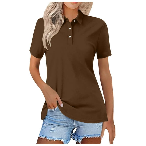 vigerkar Womens Polo Shirts Short Sleeve Summer Work Business Lapel Collared Tops Dressy Casual Button Cotton Golf Blouse Coffee, M