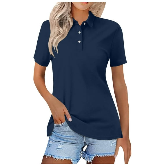 vigerkar Womens Polo Shirts Short Sleeve Summer Work Business Lapel Collared Tops Dressy Casual Button Cotton Golf Blouse Navy, L