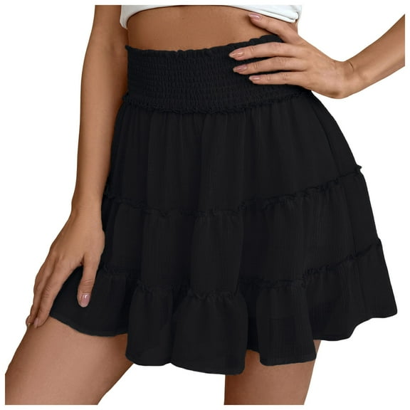 vigerkar Womens Ruffle Mini Skort Casual High Waisted Tiered A Line Beach Vacation Summer Boho Flowy Skirts with Shorts Black, M