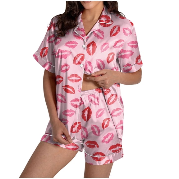 vigerkar Womens Satin Pajamas Set Button Down 2 Piece Silk Pjs Shorts Set Comfortable Sleepwear (Pink, L)