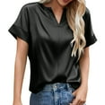 thumbnail image 1 of vigerkar Womens Satin Silk Button Down Shirts 2025 Trendy V Neck Short Sleeve Work Shirt Soft Casual Business Blouses Tops Black, S, 1 of 4
