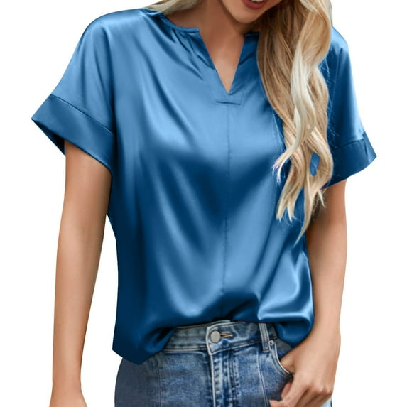 vigerkar Womens Satin Silk Button Down Shirts 2025 Trendy V Neck Short Sleeve Work Shirt Soft Casual Business Blouses Tops Blue, XXL