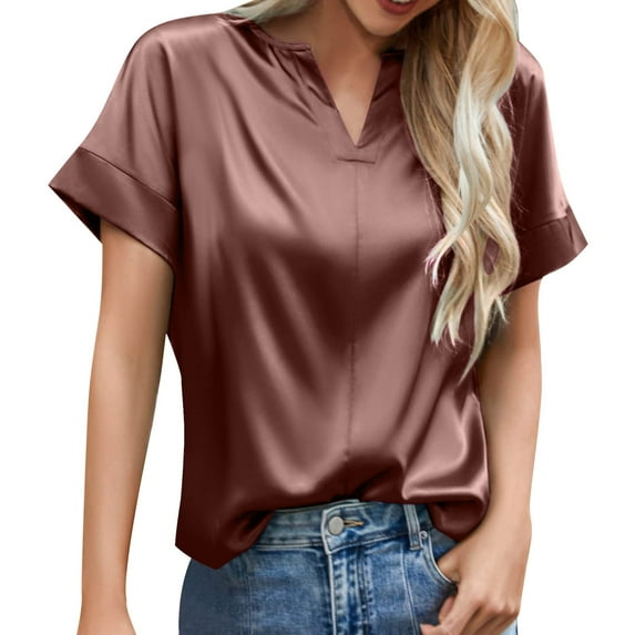 vigerkar Womens Satin Silk Button Down Shirts 2025 Trendy V Neck Short Sleeve Work Shirt Soft Casual Business Blouses Tops Brown, L