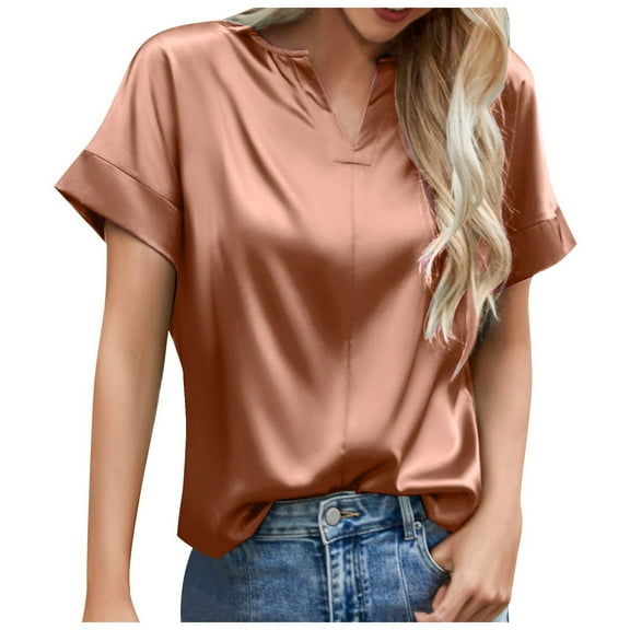 vigerkar Womens Satin Silk Button Down Shirts 2025 Trendy V Neck Short Sleeve Work Shirt Soft Casual Business Blouses Tops RD2, XXL