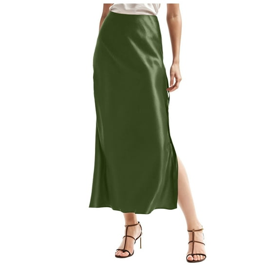 vigerkar Womens Satin Silk Maxi Slit Skirt Elastic Waistband Maxi Long Satin Slit Skirts AG, L