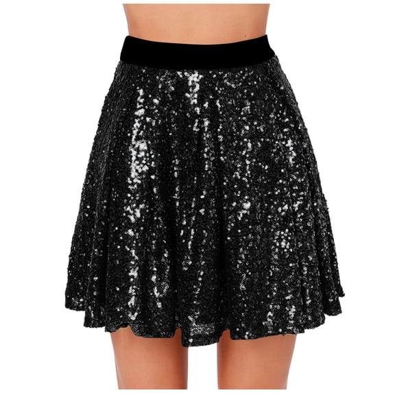 vigerkar Womens Sequin Skirt Elastic Waist Glitter Sparkly Shiny Skirts for Dance Party (Black, S)