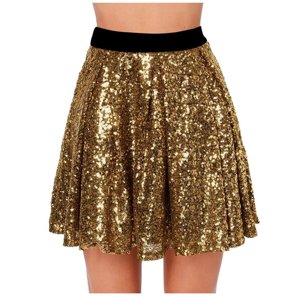 vigerkar Womens Sequin Skirt Elastic Waist Glitter Sparkly Shiny Skirts for Dance Party (Gold, M)