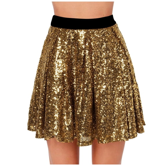 vigerkar Womens Sequin Skirt Elastic Waist Glitter Sparkly Shiny Skirts for Dance Party (Gold, XL)