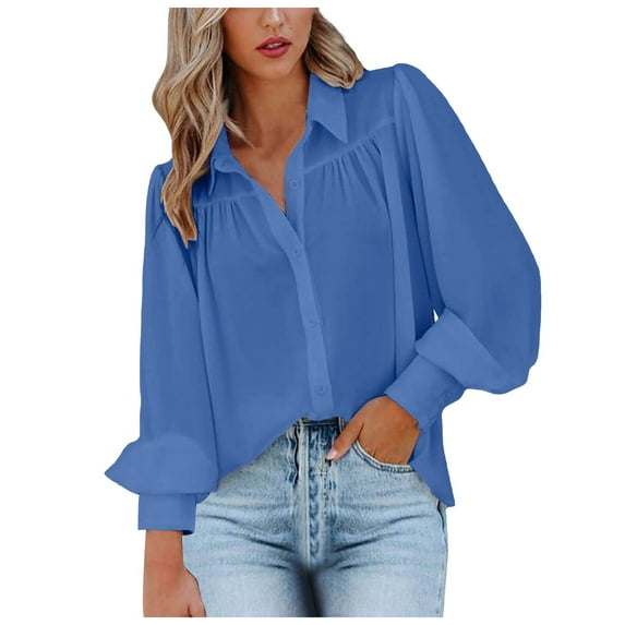 vigerkar Womens Shirts Button Down Lantern Long Sleeve Blouse Fashion Casual Tops 2025 Blue, L