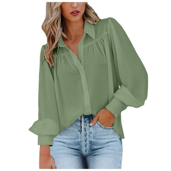 vigerkar Womens Shirts Button Down Lantern Long Sleeve Blouse Fashion Casual Tops 2025 Green, S