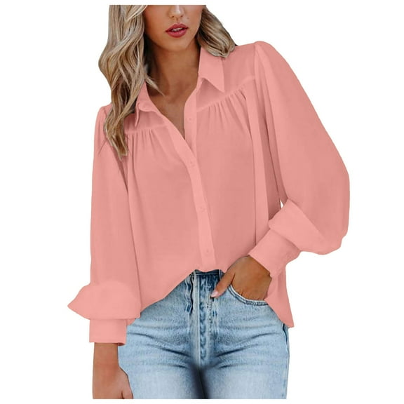 vigerkar Womens Shirts Button Down Lantern Long Sleeve Blouse Fashion Casual Tops 2025 Pink, XXL