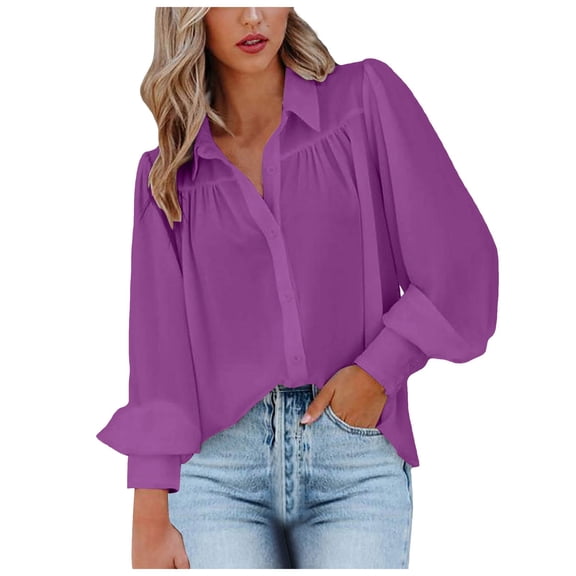 vigerkar Womens Shirts Button Down Lantern Long Sleeve Blouse Fashion Casual Tops 2025 Purple, XXL