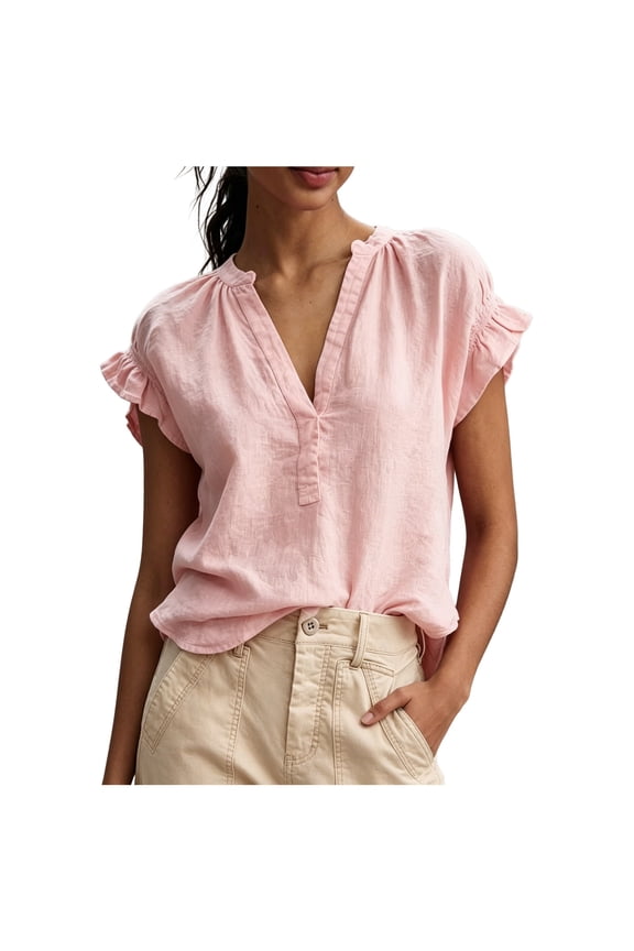Womens Short Ruffle Sleeve Shirts V Neck Shirt Solid Color Going Out Spring Tops (Red, XXL)