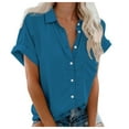 thumbnail image 1 of vigerkar Womens Short Sleeve Button Down Shirts Stretch Oxford Shirts Cotton Dress Shirt Collared Blouse Formal Work Tunic Tops Blue, XL, 1 of 4